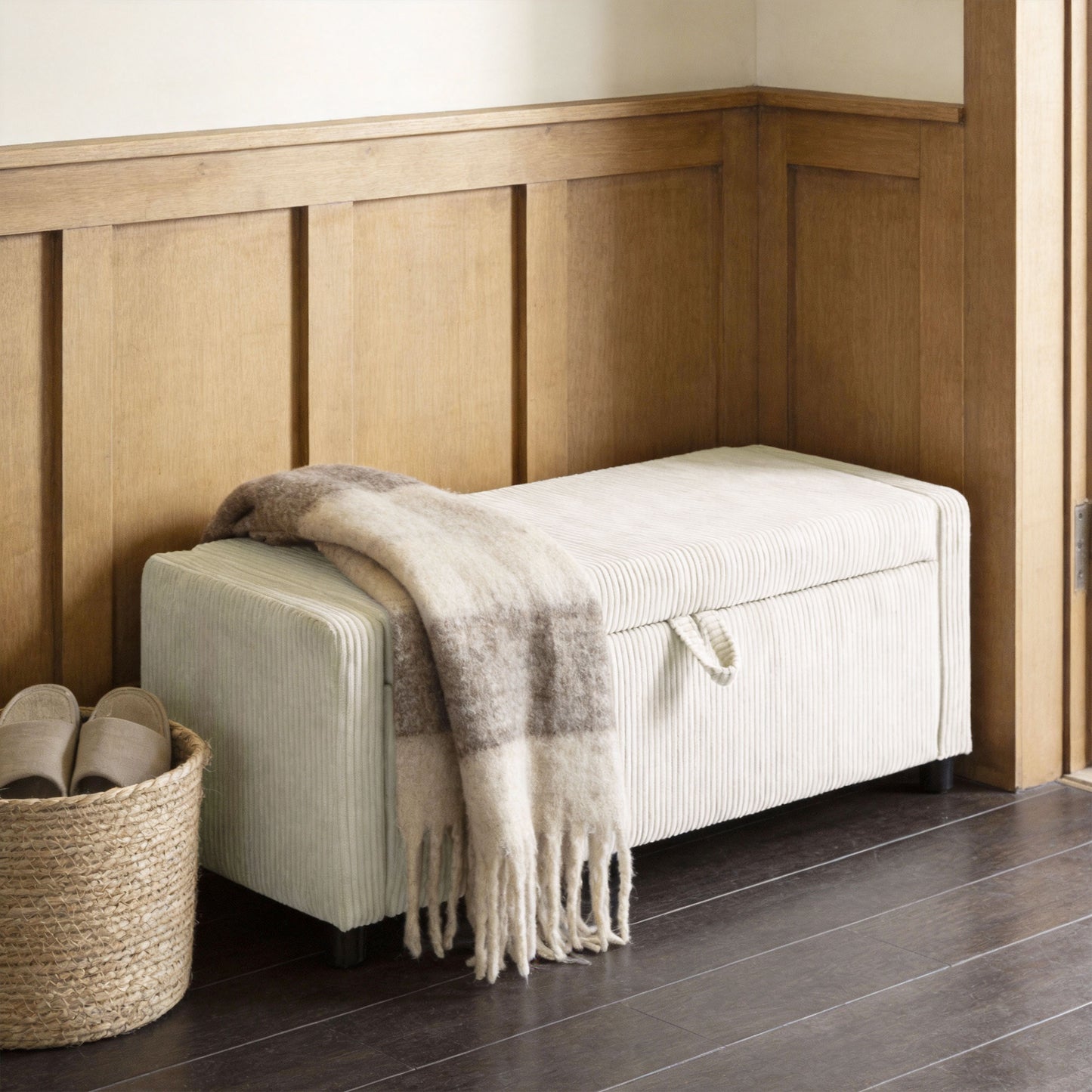 Storage Ottoman, Upholstered Corduroy End of Bed Bench with Thick Padding, Storage Bench for Bedroom, Beige