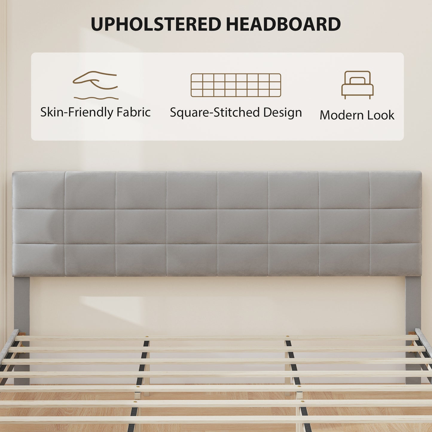 King Size Bed Frame with Upholstered Headboard, Modern Platform Bed Frame with Wood Slats, 1100 lbs Capacity, Grey
