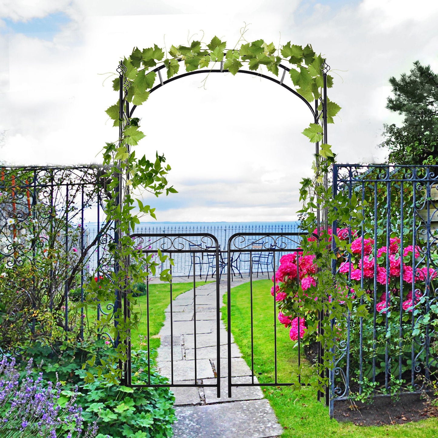 7' Metal Garden Arbor Arch with Scrollwork Doors