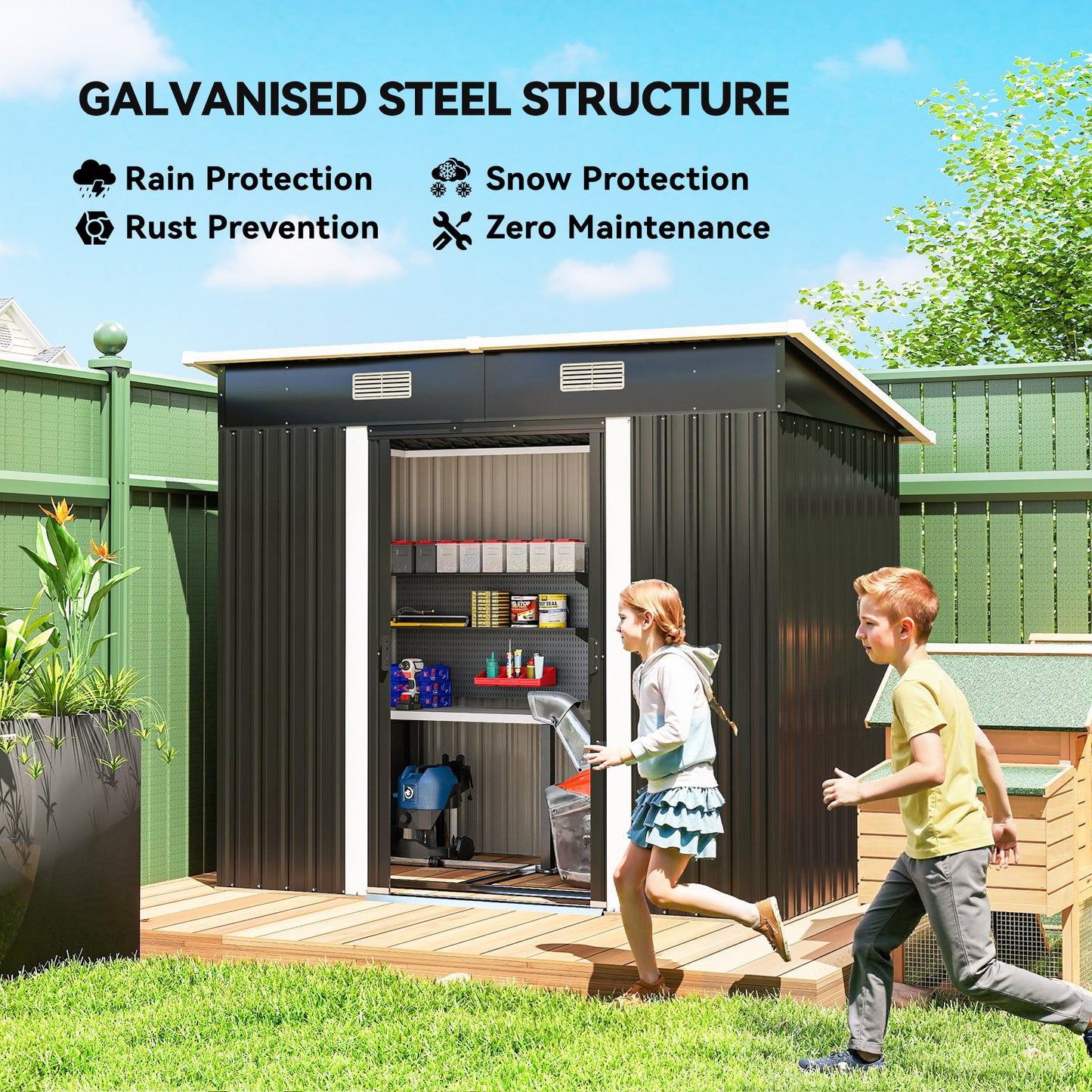 7' x 4' Metal Storage Shed, Lockable Tool Unit - Black