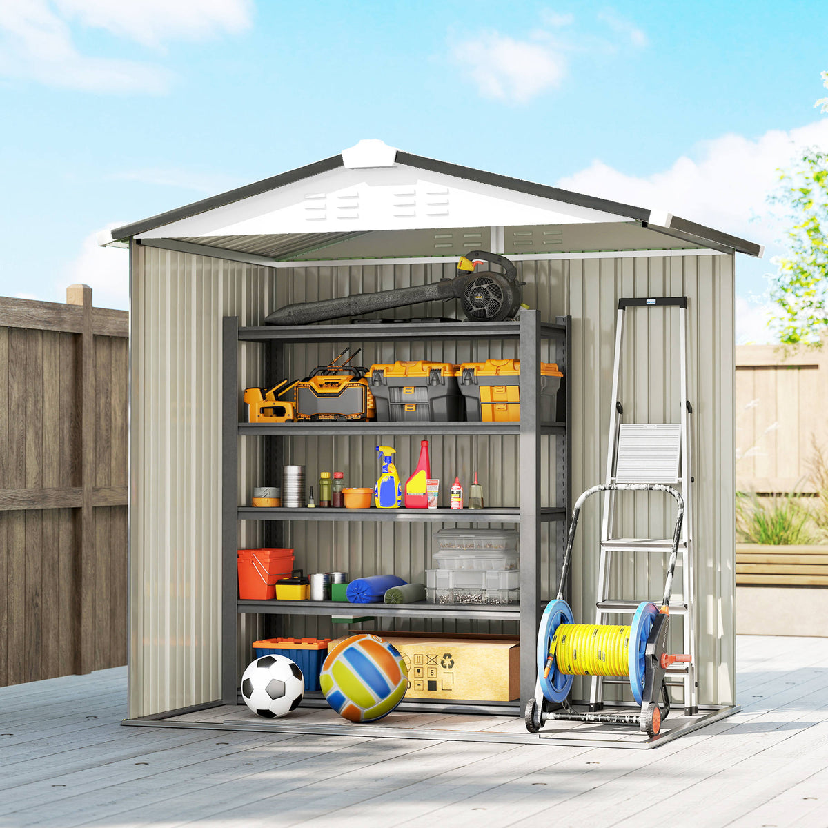 6.5' x 4' Metal Garden Shed with Lockable Doors - Silver-White