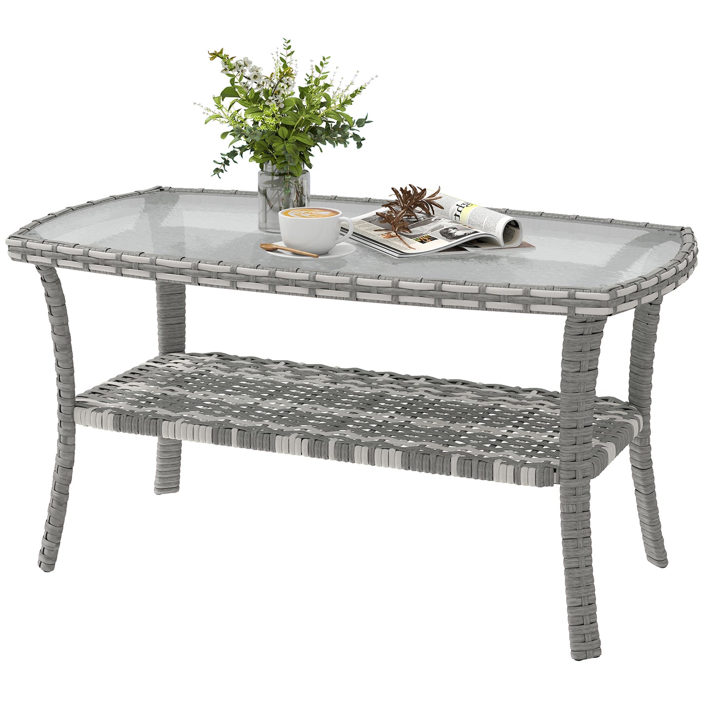 Outdoor Coffee Table with Storage Shelf, PE Wicker Patio Table with Glass Top for Garden, Backyard, Dark Grey