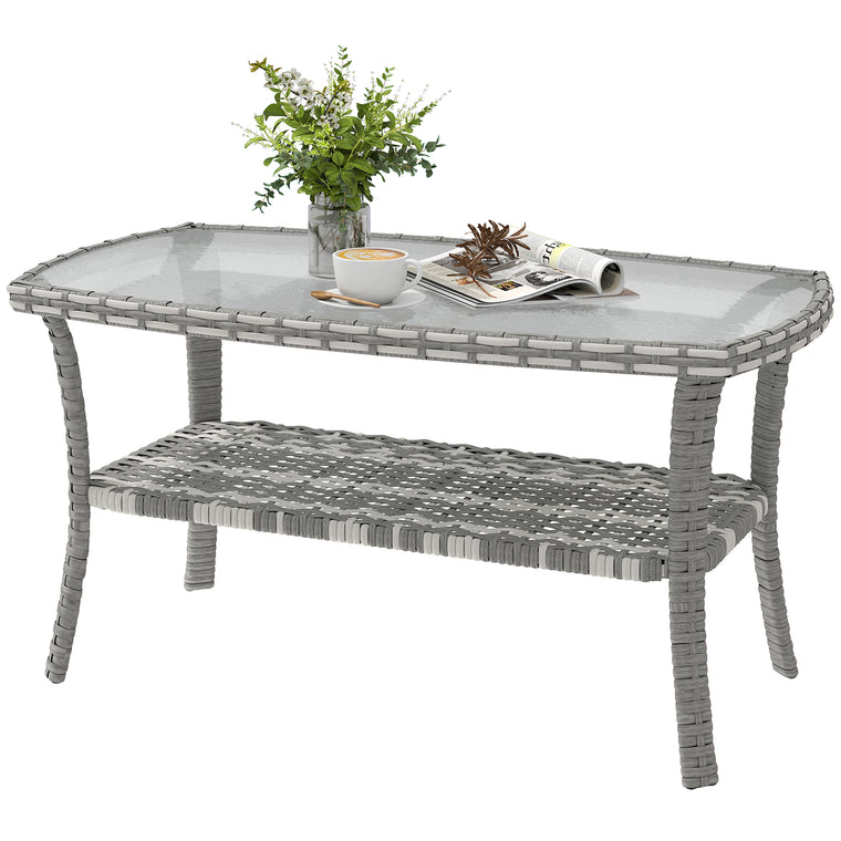 PE Wicker Coffee Table with Storage Shelf and Glass Top