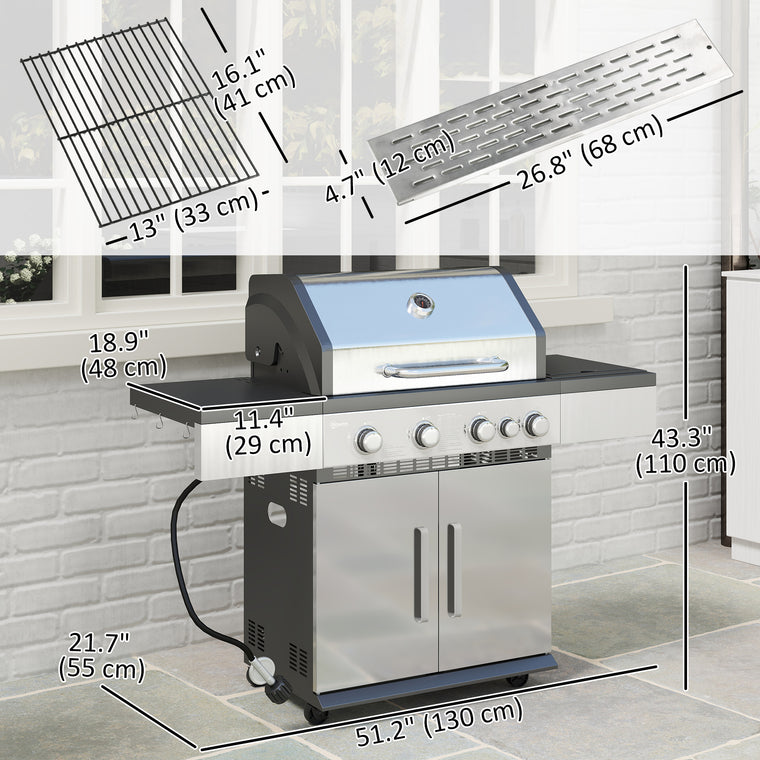 Silver 4+1 Burner Propane Gas Grill with Storage Cabinet