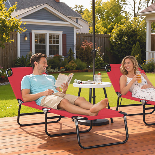 Outdoor Folding Lounge Chair, Steel Tanning Chair with Reclining Back, Breathable Mesh for Beach, Yard, Patio, Red - Walnut
