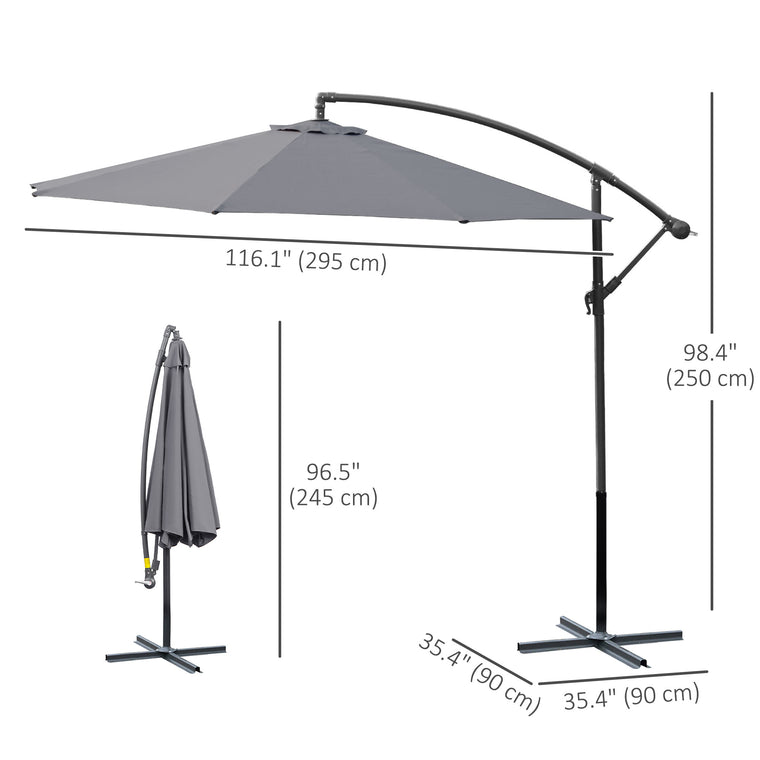 10' Grey Banana Offset Umbrella with Crank & Cross Base