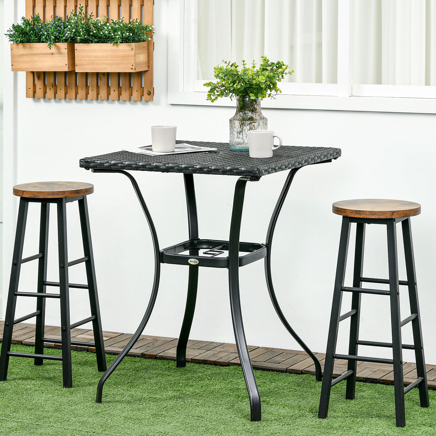 Patio Wicker Dining Table with Umbrella Hole, 34 Inch Outdoor PE Rattan Coffee Table with Plastic Board Under the Woven Table Top for Patio, Garden, Balcony, Mixed Brown