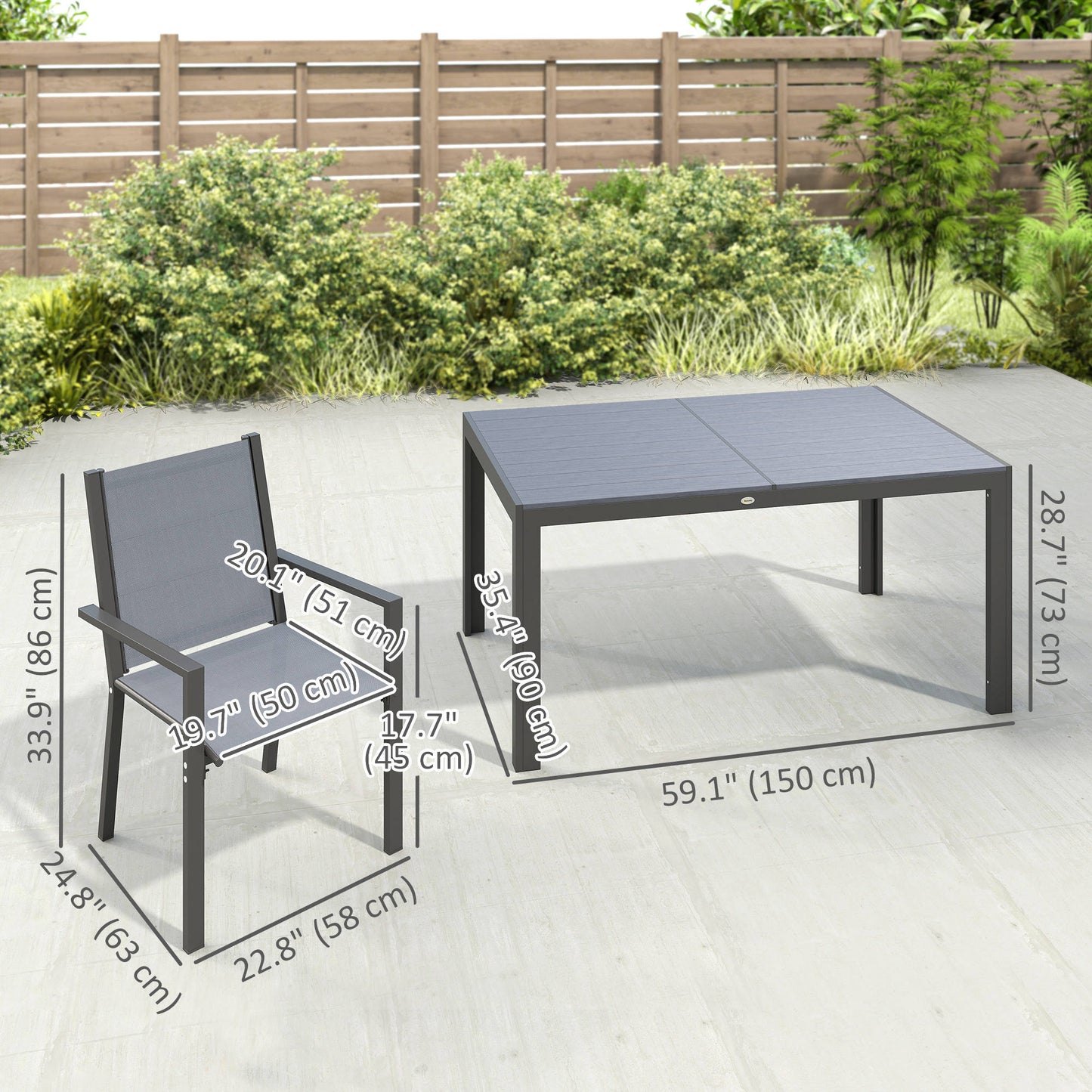 7 Piece Outdoor Dining Set with Rectangular Table and 6 Stackable Chairs, for Backyard, Lawn, Deck, Balcony, Pool Side