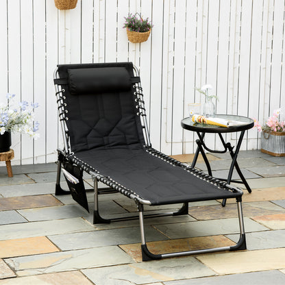Folding Chaise Lounge Chair, Outdoor Padded Reclining Chair with 5-position Adjustable Backrest, Pillow and Pocket for Patio, Deck, Beach, Lawn and Sunbathing, Black - Black