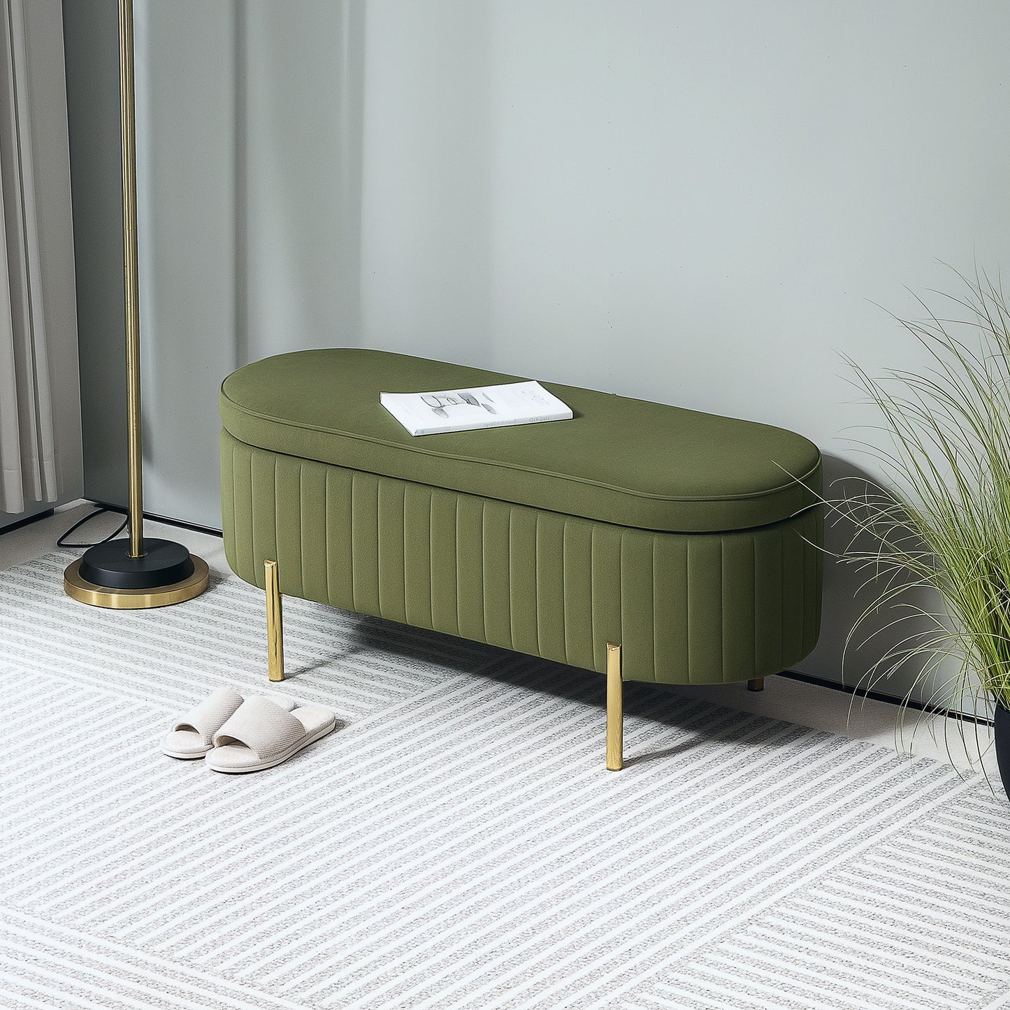 Upholstered Bedroom Bench, Channel Tufted Ottoman Bench with Thick Padding and Metal Legs, Dark Green