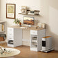 Office Desk, 55" Computer Desk with 4 Reversible Drawers, Mobile PC Stand, Adjustable Shelf, White Wood Grain