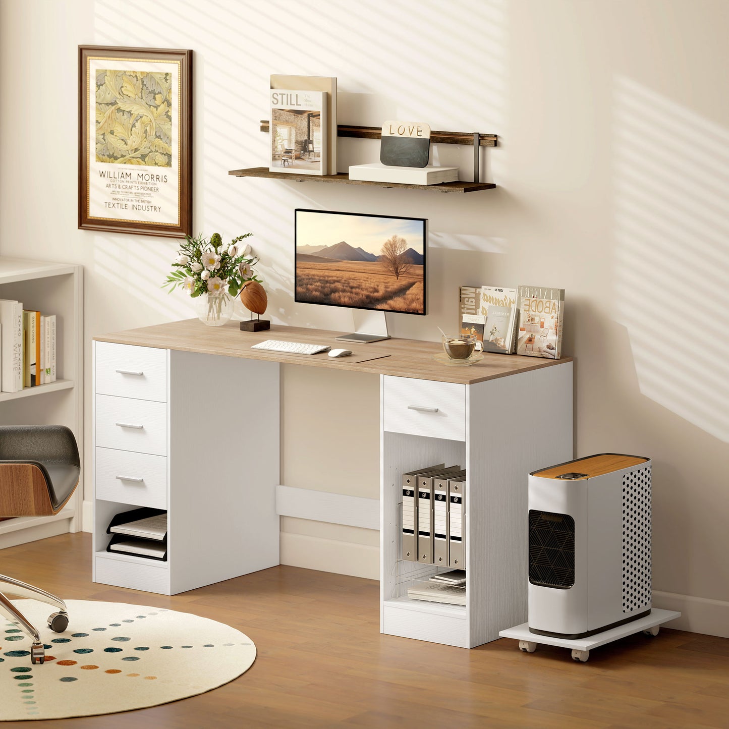 Office Desk, 55" Computer Desk with 4 Reversible Drawers, Mobile PC Stand, Adjustable Shelf, White Wood Grain