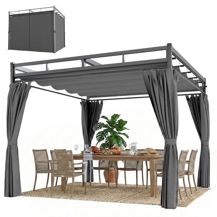 10' x 10' Dark Grey Retractable Pergola with Curtains