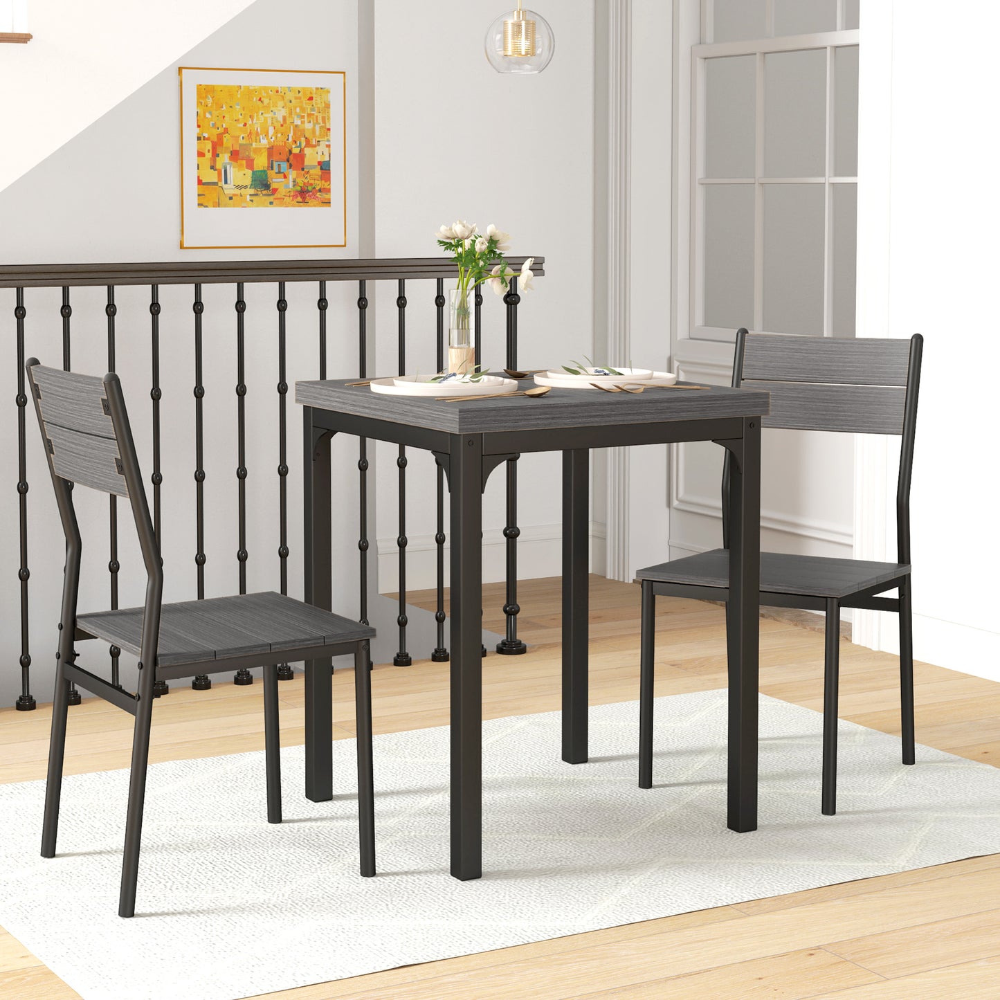 Dining Table Set for 2, 3 Piece Kitchen Table and Chairs with Metal Legs for Small Spaces, Grey Wood Effect