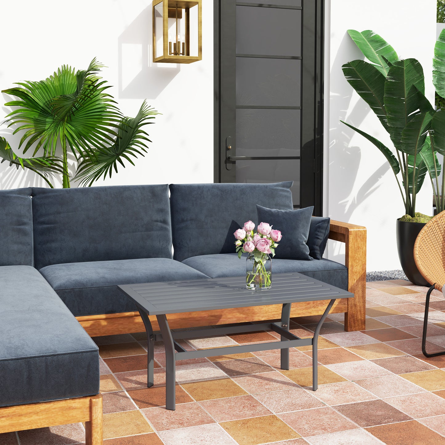 Outdoor Side Table with Slatted Tabletop, Metal Patio Coffee Table for Garden, Balcony, Black