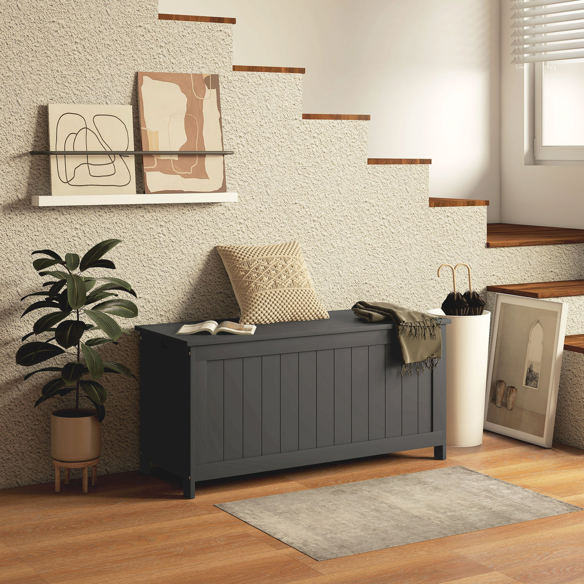 Storage Trunk with 2 Safety Hinges, Modern Entryway Bench with Side Handles, Storage Chest for Living Room, Black