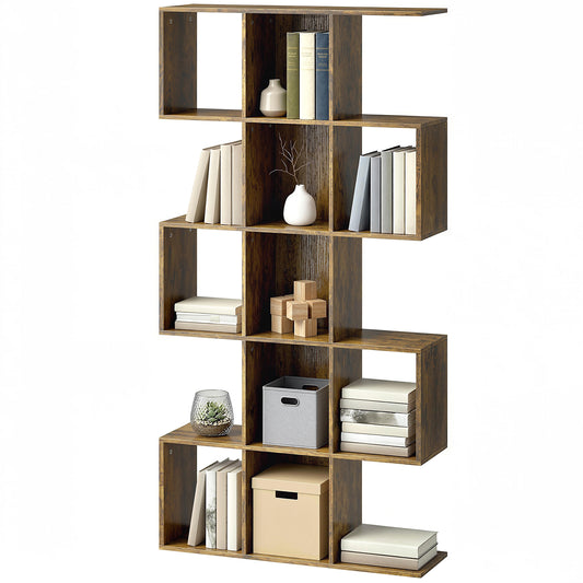 5-Tier S-Shaped Geometric Bookshelf - Rustic Brown