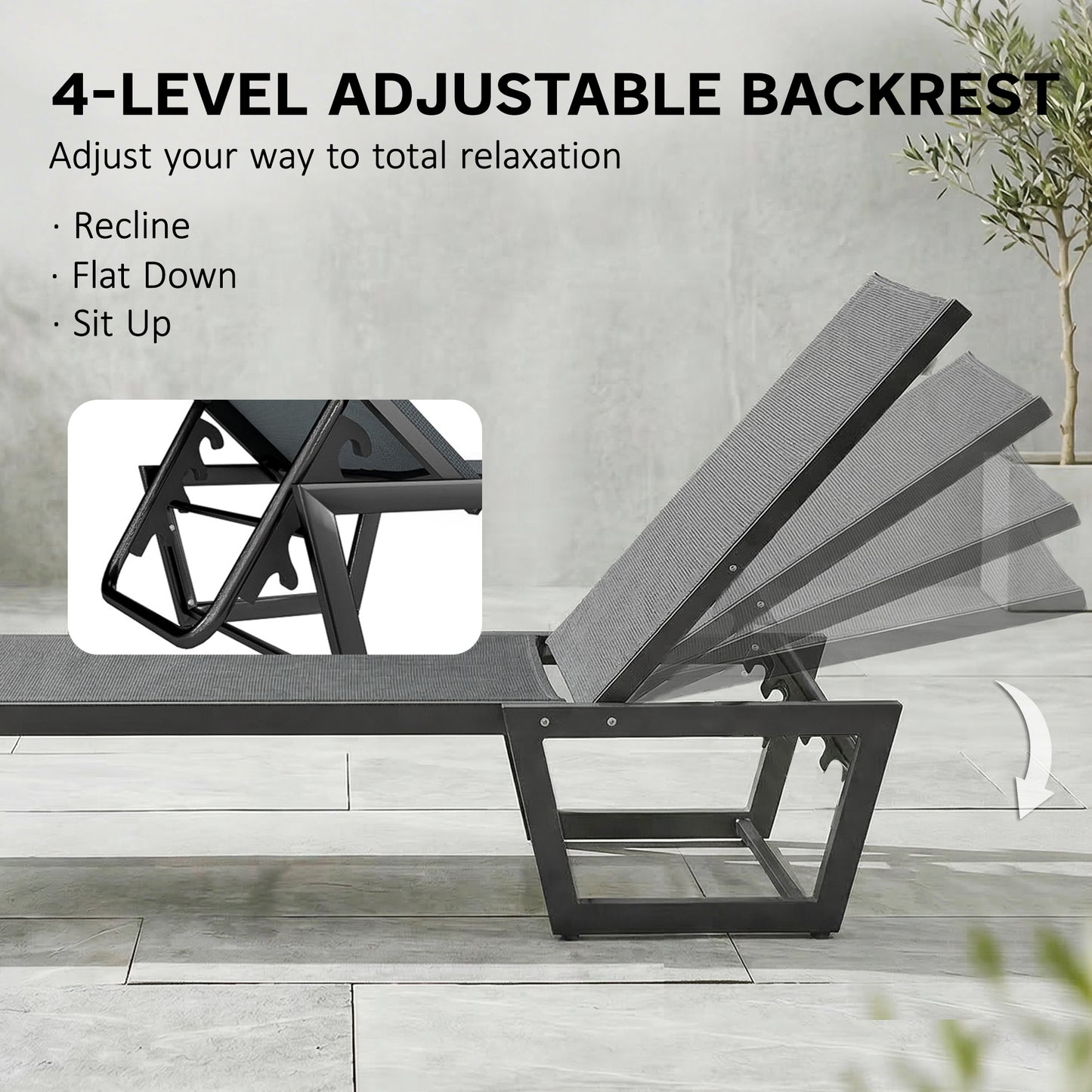 Lounge Chair Outdoor, 63 cm Wide Chaise Lounge Tanning Chair, 4-Position Outdoor Tanning Lounger, Dark Grey