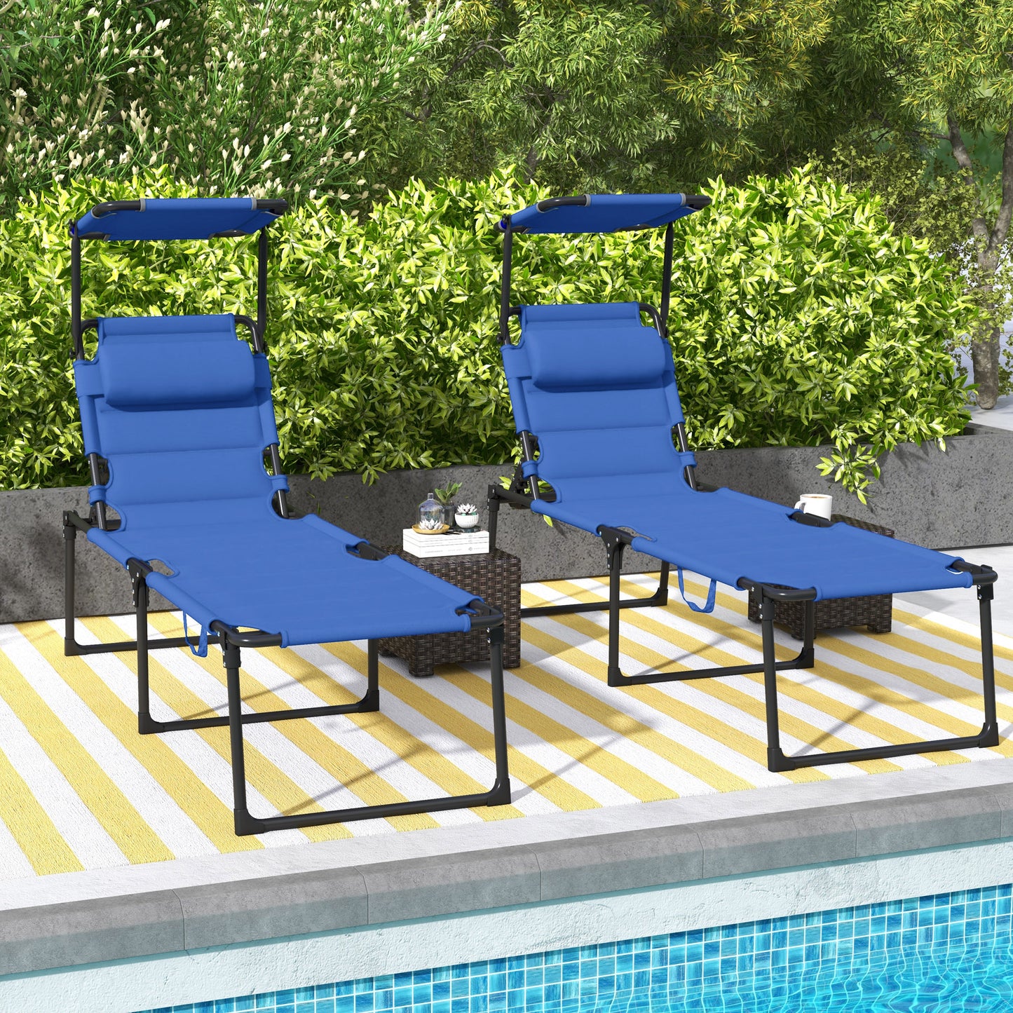 Folding Chaise Lounge with Adjustable Sunroof, Outdoor Quick Dry Padded Tanning Chairs with Headrest, Reclining Back Outdoor Lounge Chair, for Beach, Yard, Patio, Blue