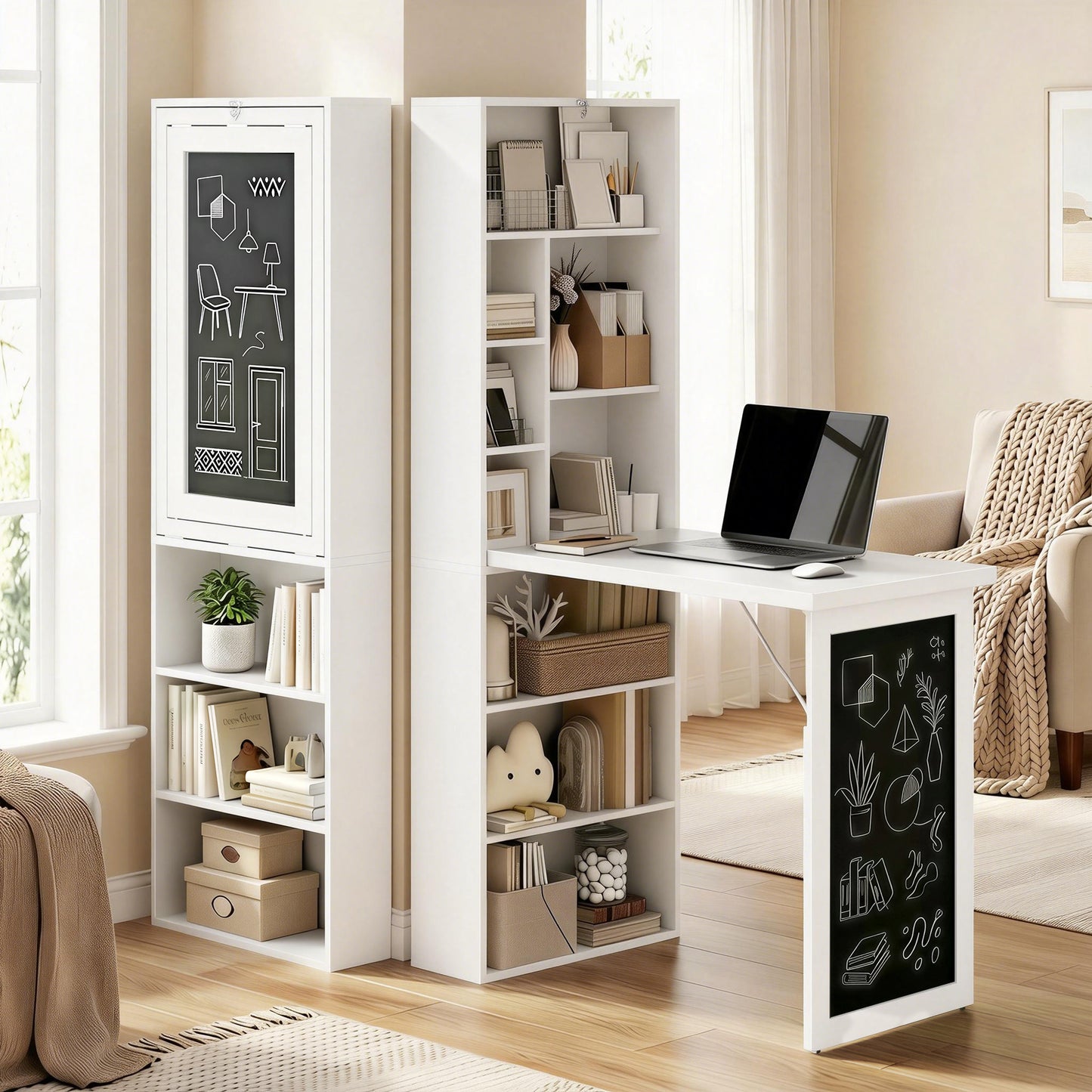 Fold-out Convertible Office Desk, Wall Mount Computer Desk with Blackboard and Side Shelf, White