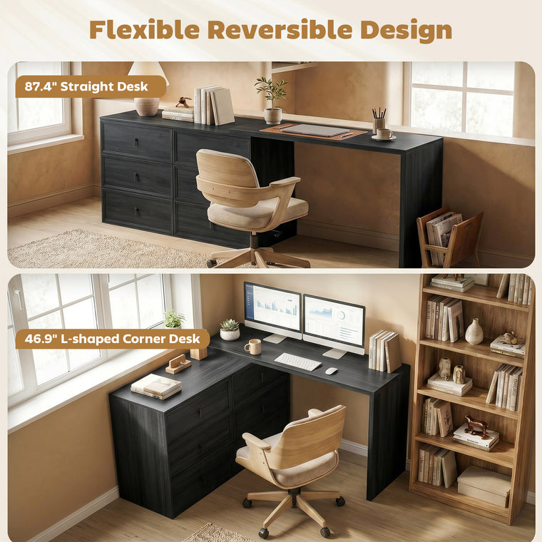 L-Shaped Computer Desk with 6 Drawers