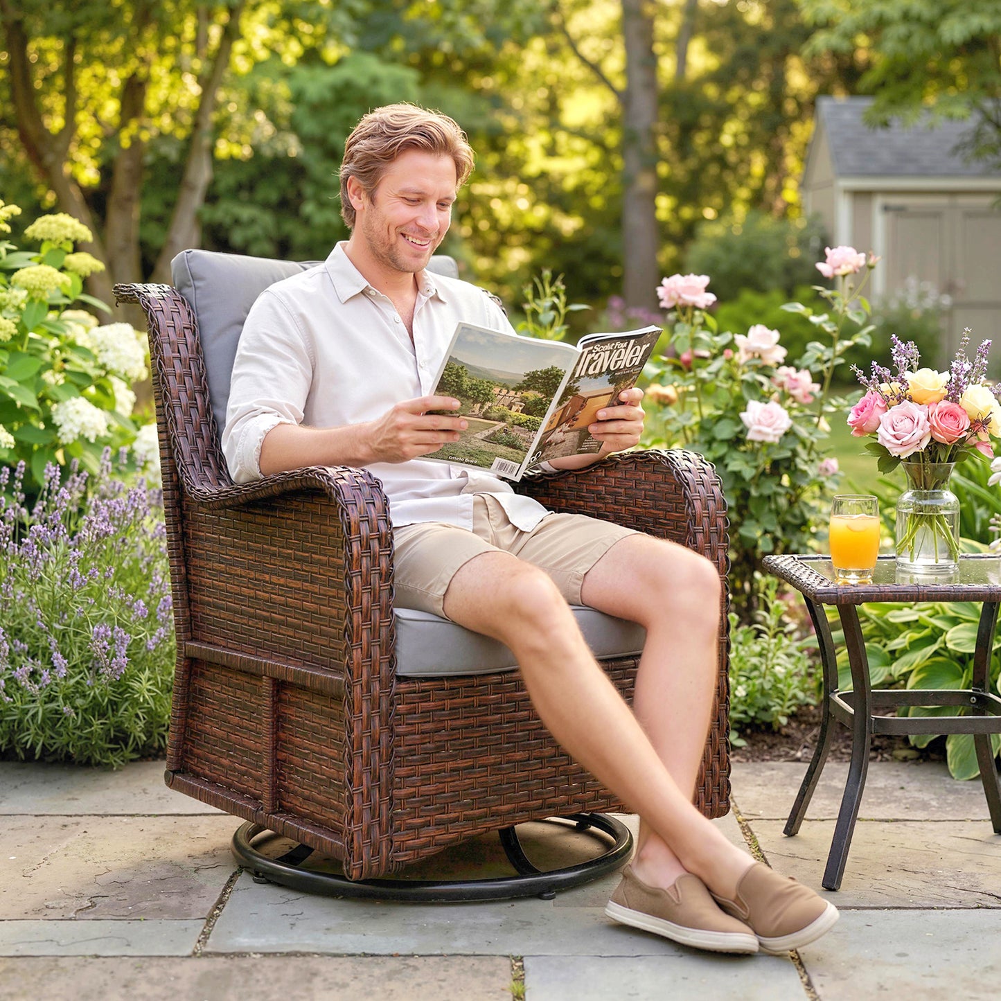 PE Rattan 360° Swivel Patio Chair with Cushion, Dark Grey