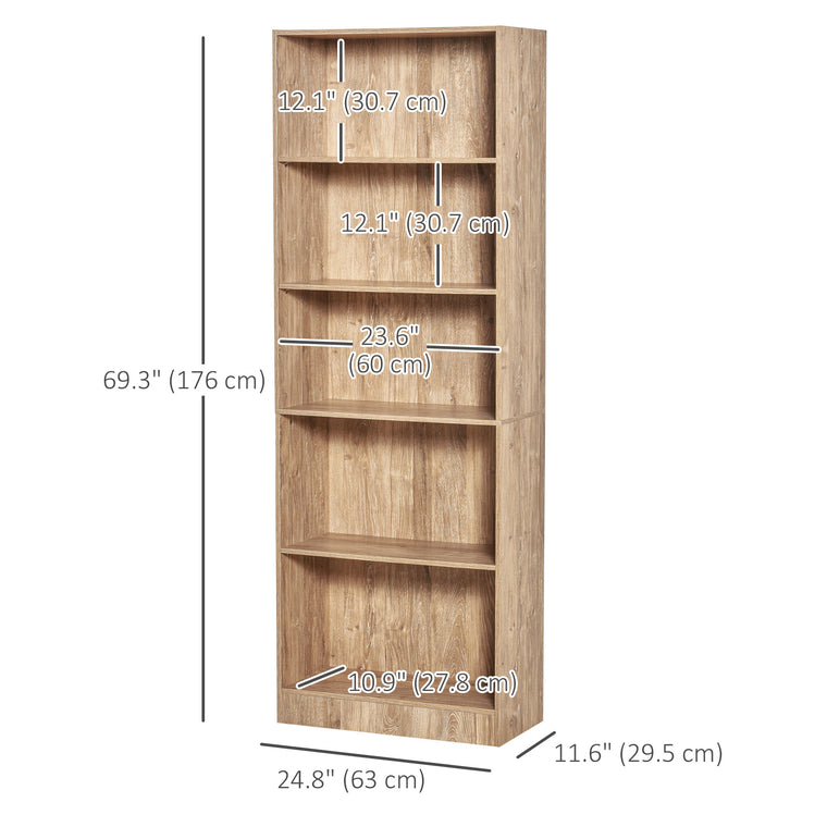 5-Tier Bookcase with Adjustable Shelves - Natural Wood