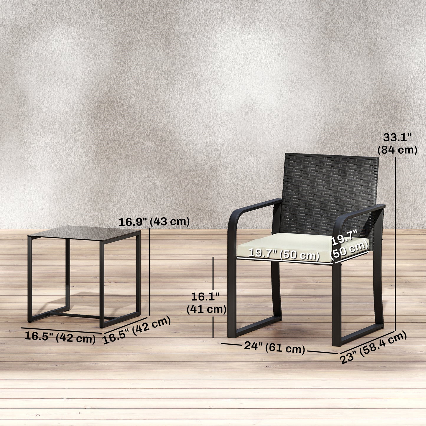 Outdoor Bistro Set, 3 Piece Wicker Patio Furniture with Mesh Seat, Glass Table, Cushions for Porch, Balcony, Cream White