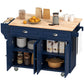 Kitchen Island with Storage, Rolling Kitchen Island with Drop Leaf, Rubber Wood Top and Adjustable Shelves, Navy Blue