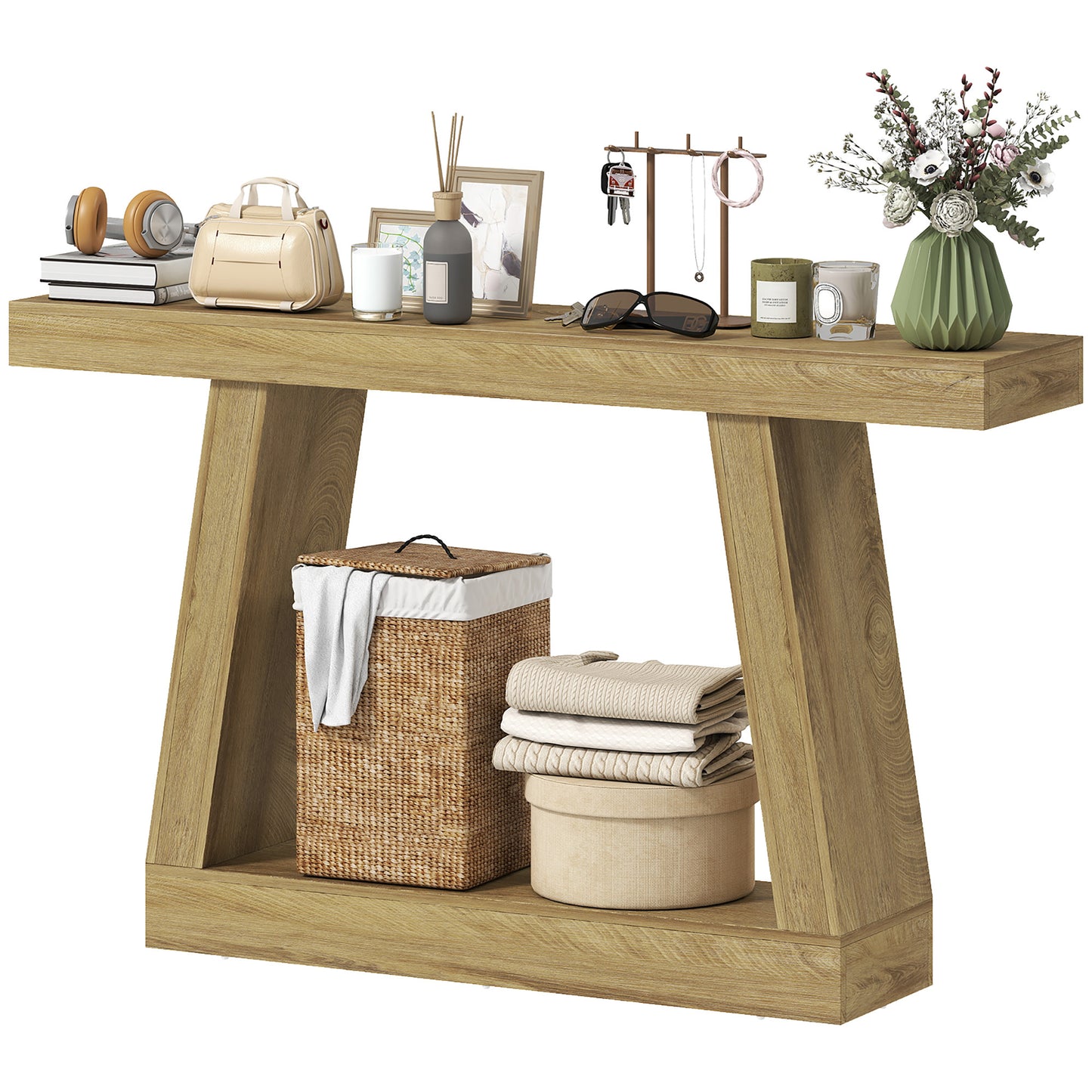 55" Farmhouse Console Table, 2-Tier Entryway Table with Storage for Hallway, Living Room, Behind Couch, Oak