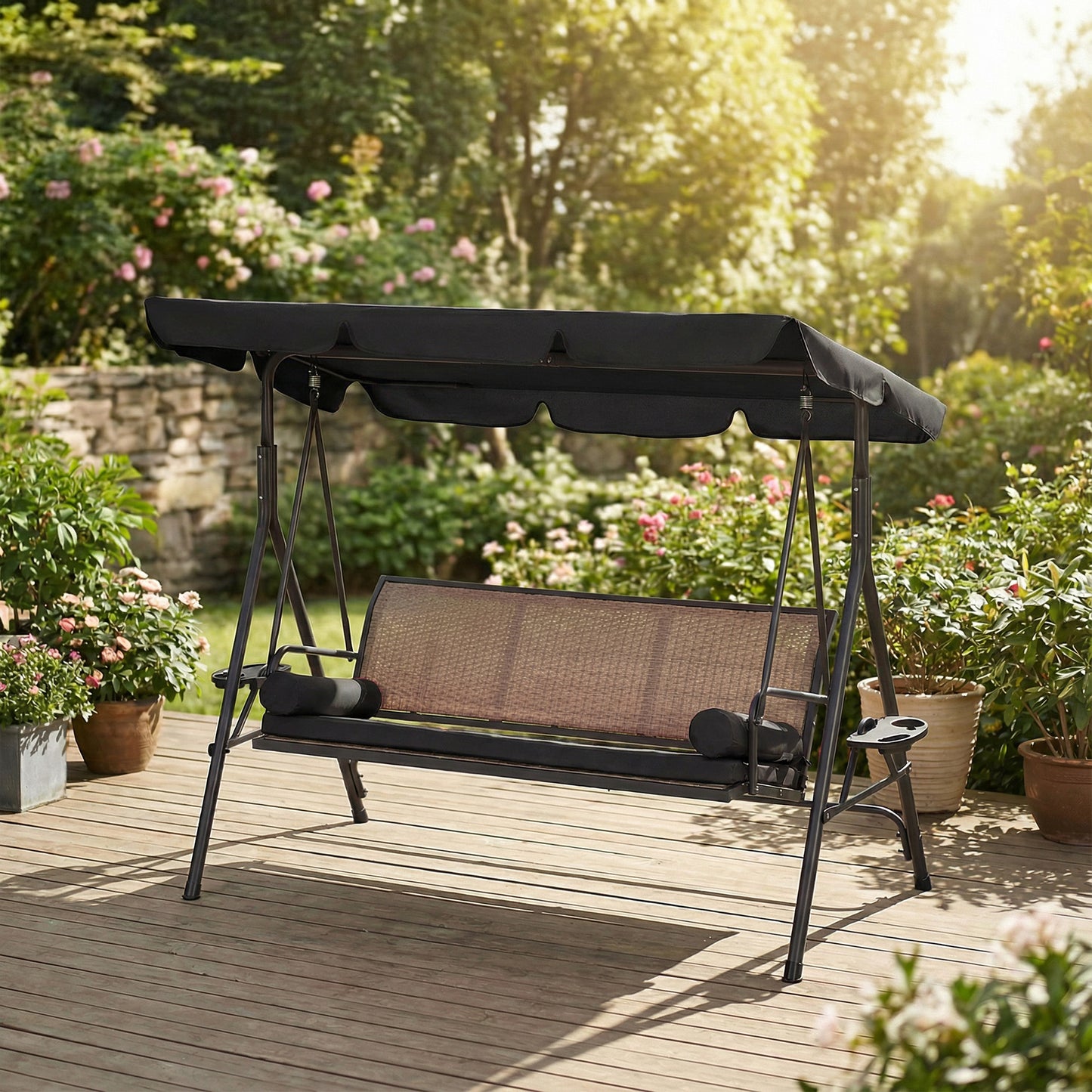 Outdoor 3-Seat Porch Swing with Canopy, Rattan Seat, Removable Cushion, Pillows and Steel Frame