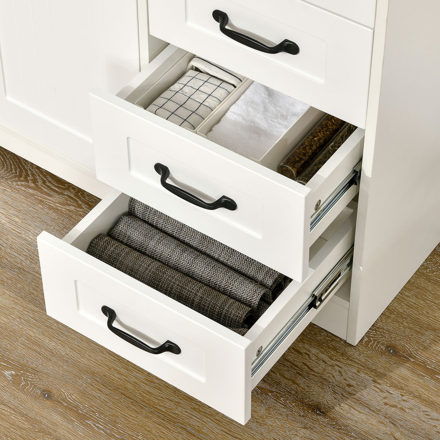 Modern Sideboard Buffet Cabinet with Drawers and Beadboard Door Cupboard Kitchen Storage Cabinet White