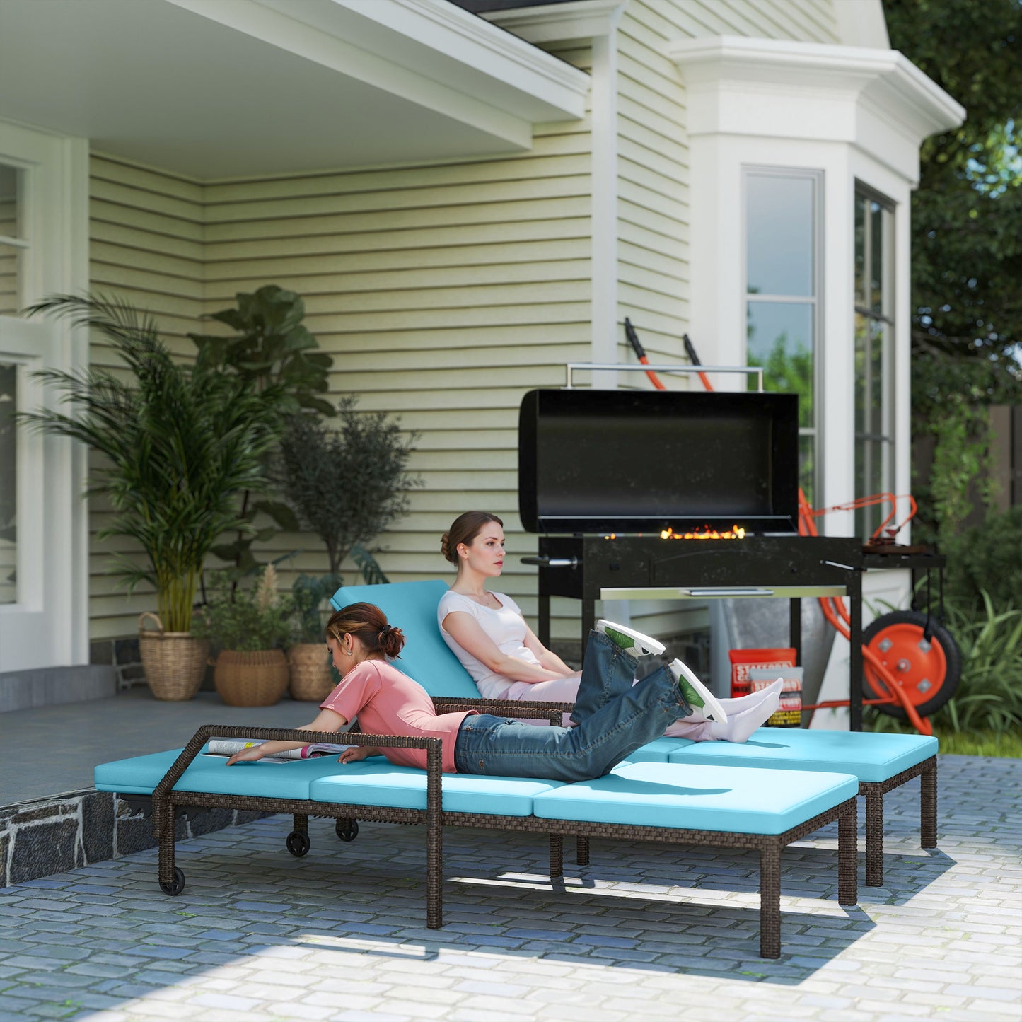 2 Piece Wicker Chaise Lounger PE Rattan Outdoor Lounge Chair Recliner with Adjustable Backrest and 2 Wheels, Sky Blue