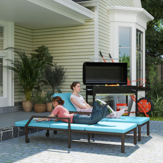 2 Piece Wicker Chaise Lounger PE Rattan Outdoor Lounge Chair Recliner with Adjustable Backrest and 2 Wheels, Sky Blue