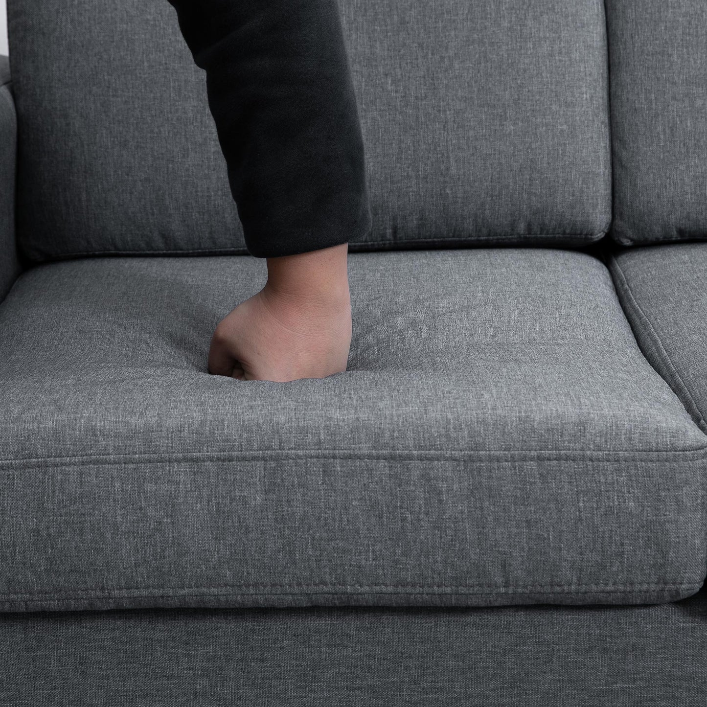 3 Seater Sofa, Linen Upholstered Cozy Padded Couch with Steel Leg, Backrest and Wide Armrest, for Living room, Bedroom, Dark Grey