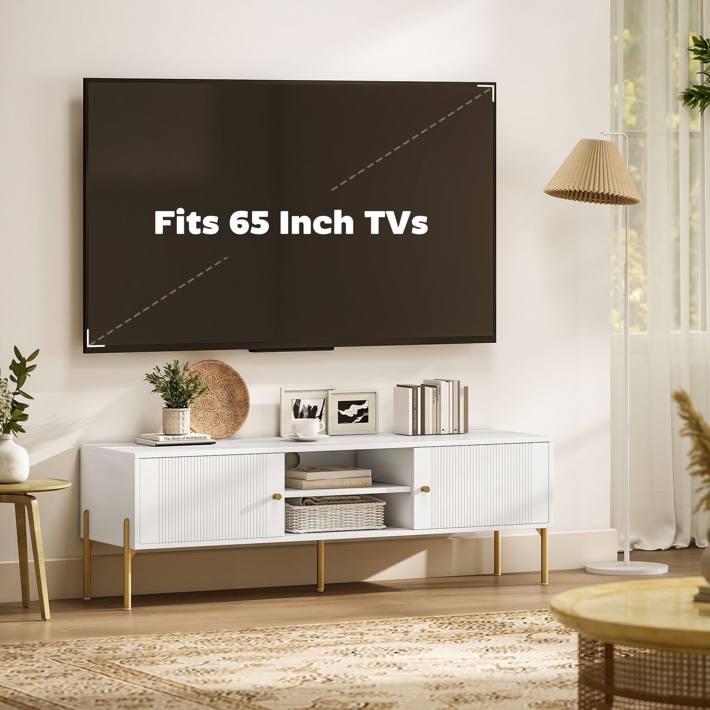 TV Stand for TVs up to 65", Entertainment Center with 2 Open Shelves, 2 Cabinets and Steel Legs for Living Room, White