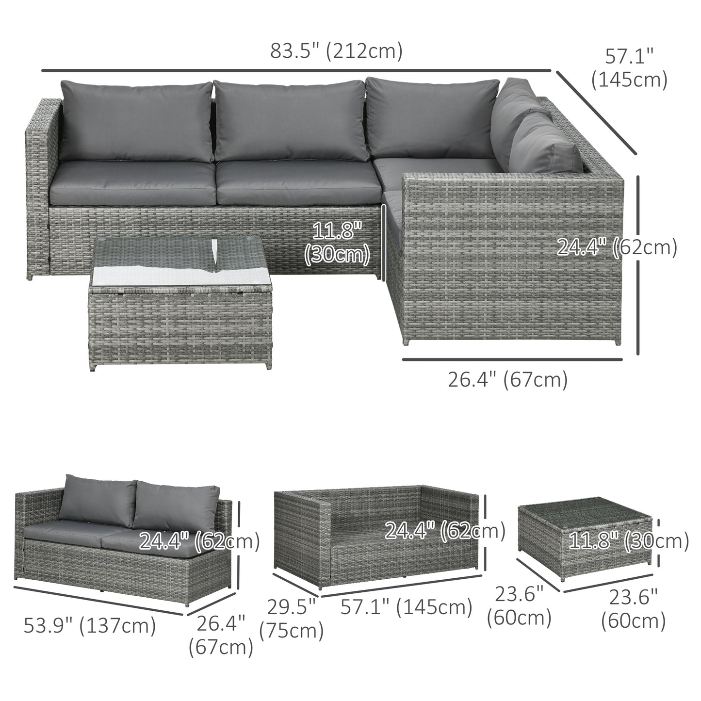 3 Pieces Rattan Wicker Outdoor Conversation Furniture Set w/ Loveseats Coffee Table Cushions for Garden, Patio, Beige