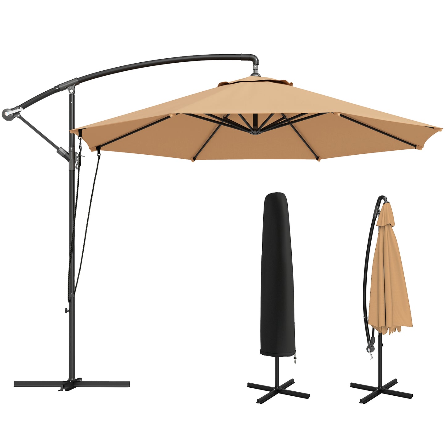 9.5' Khaki Cantilever Umbrella with Wind Protection Strap