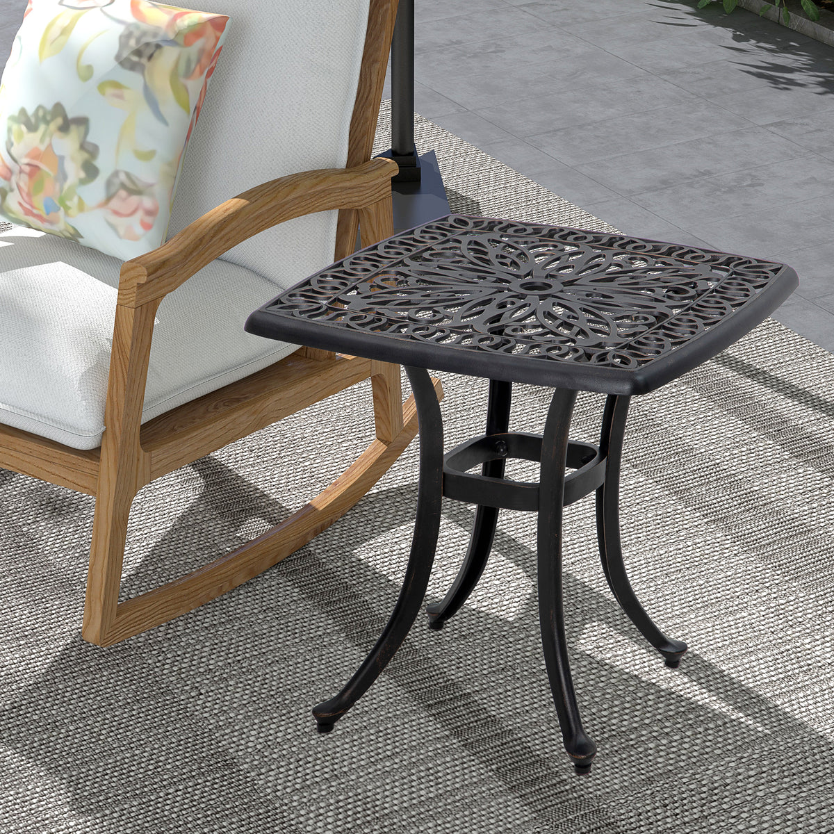 21" Square Outdoor End Table, Cast Aluminum Patio Side Table with Umbrella Hole for Garden, Balcony, Poolside, Black - Brown