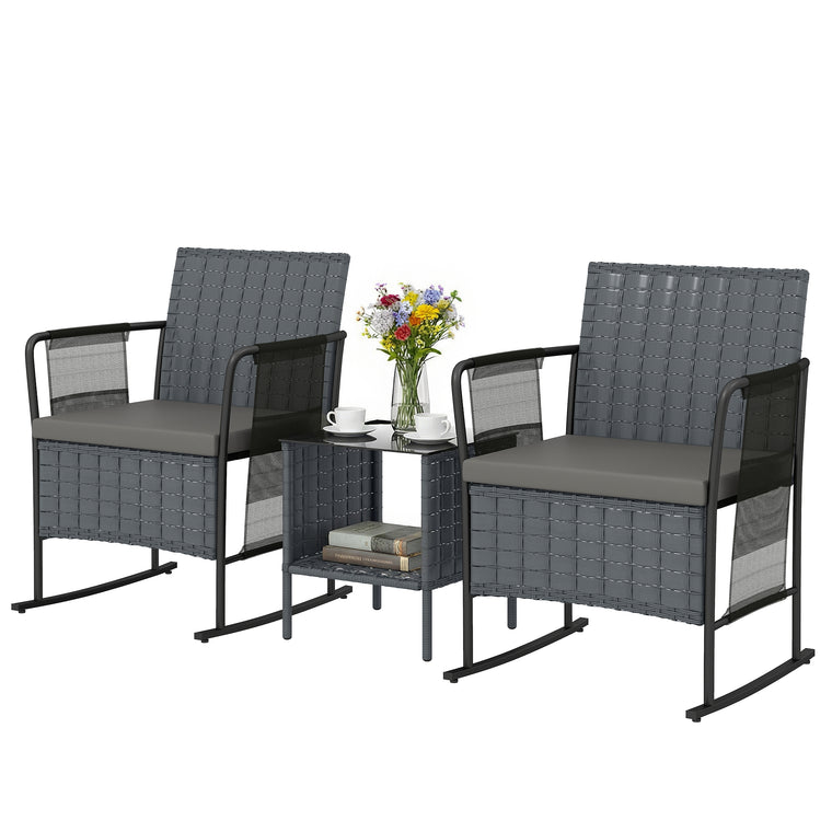 3-Piece Rocking Bistro Set with Mesh Seat and 2-Tier Table