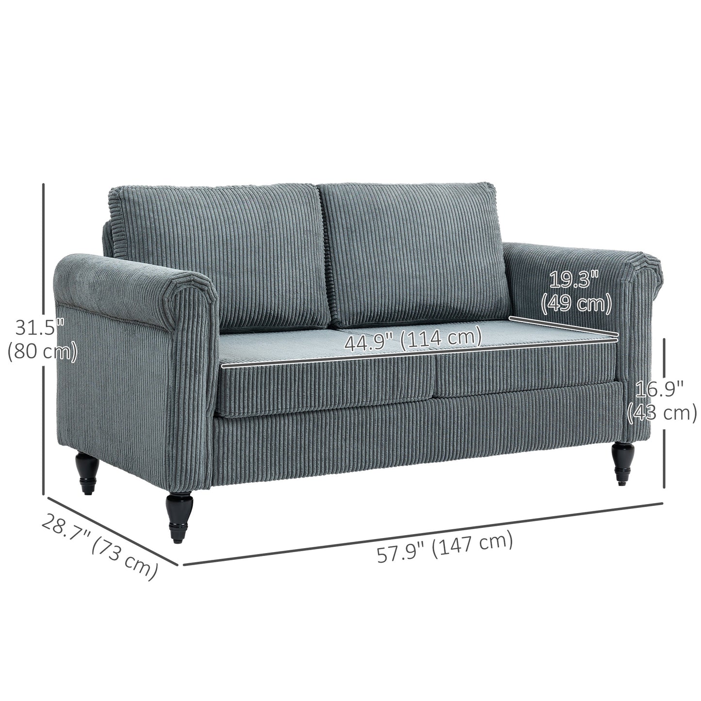 Vintage Loveseat, Upholstered Love Seat Furniture, Fabric 2 Seater Sofa with Rolled Arms, Rubber Wood Legs, Grey