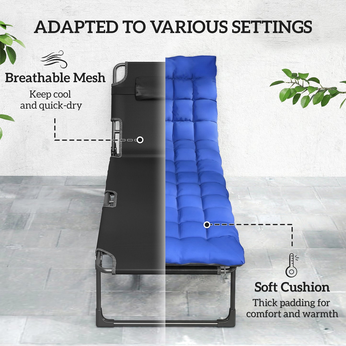 29.5" Wide Folding Chaise Lounge Chair Outdoor Tanning Chair Set of 2, Camping Cot with Cushion, Side Pocket, Grey/Blue