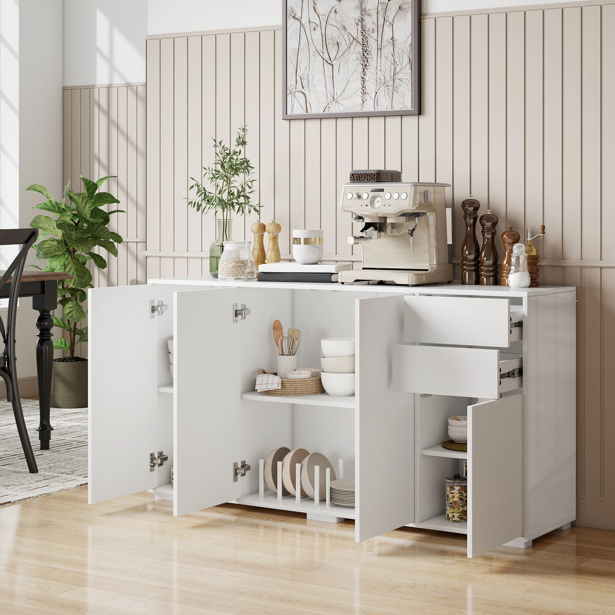 Kitchen Sideboard Storage Cabinet, Modern Coffee Bar Cabinet with Push-Open Design and 2 Drawers for Living Room, White