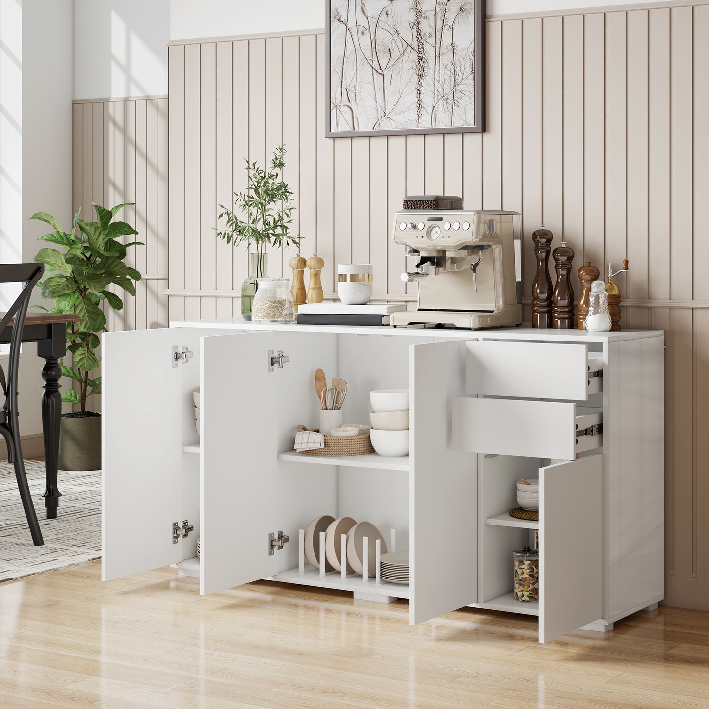 Kitchen Sideboard Storage Cabinet, Modern Coffee Bar Cabinet with Push-Open Design and 2 Drawers for Living Room, White