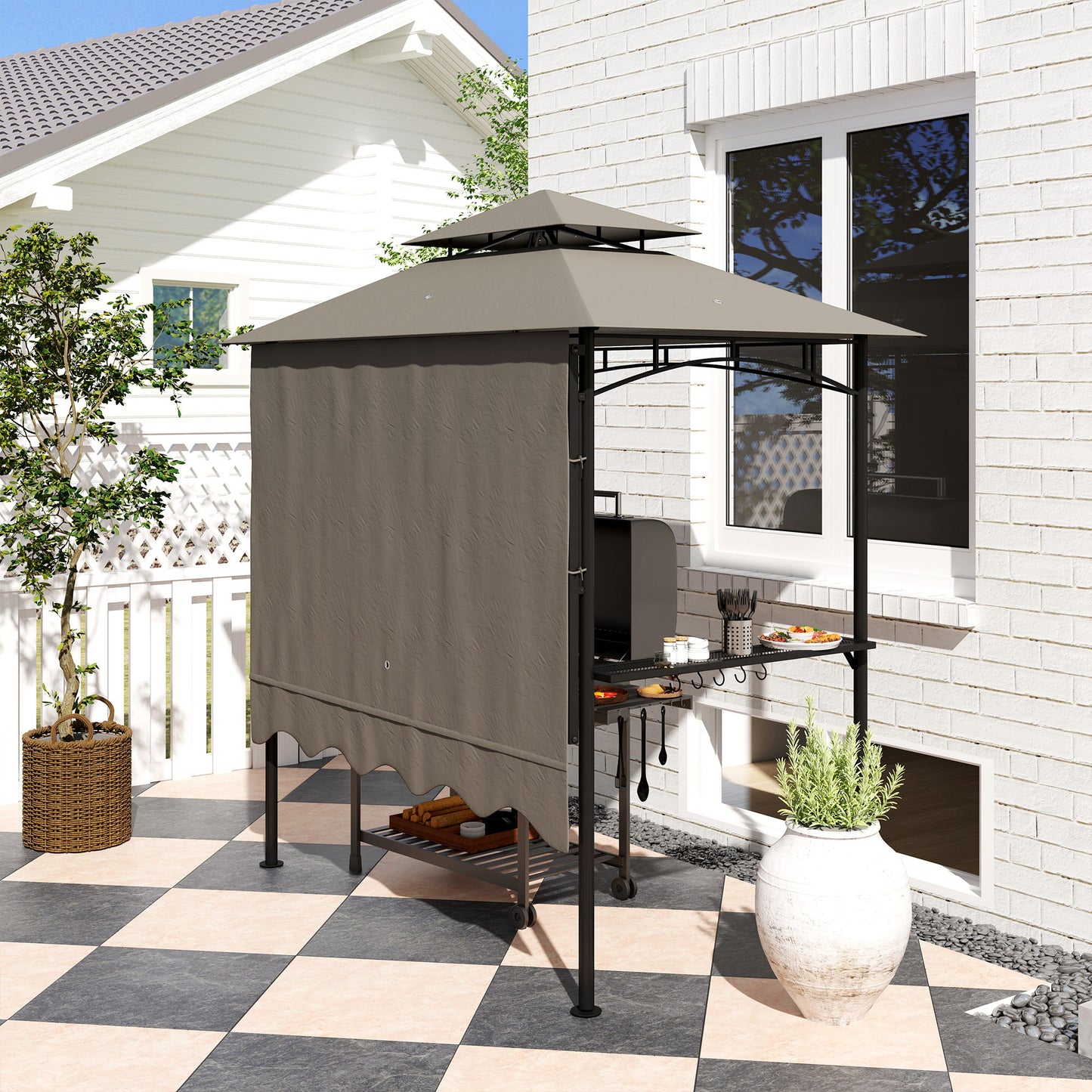 8' x 7.6' Grill Gazebo, Double Tiered Barbecue Grill Gazebo Shelter w/ Side Awning, 2 Side Shelves, 6 Hooks, Light Grey