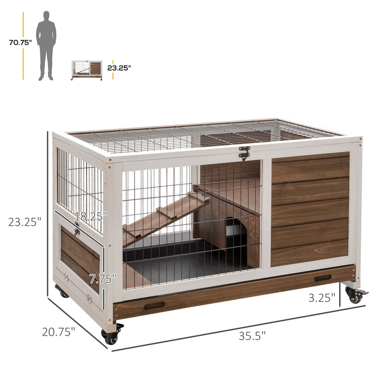 Brown Elevated Wooden Rabbit Hutch with Enclosed Run & Wheels