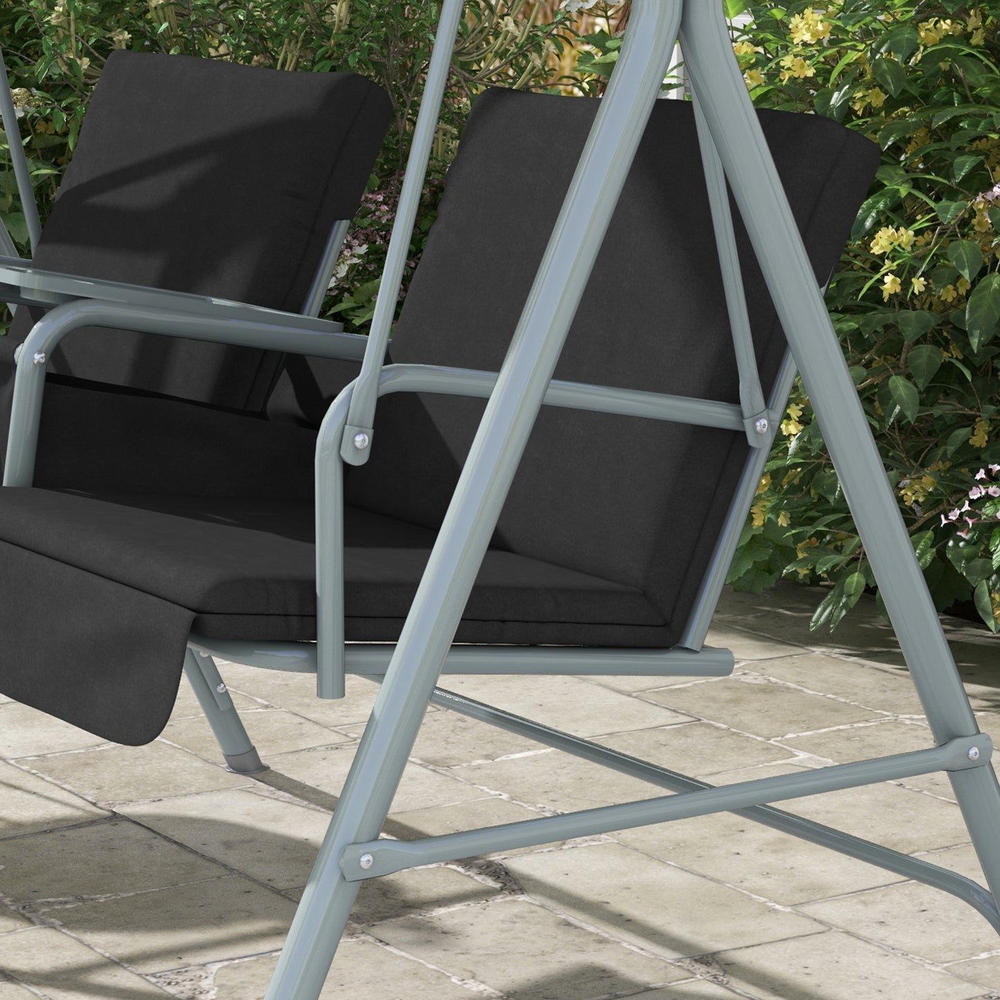 2-Seater Outdoor Porch Swing with Adjustable Canopy and Table, Patio Swing Chair for Garden, Poolside, Backyard, Black