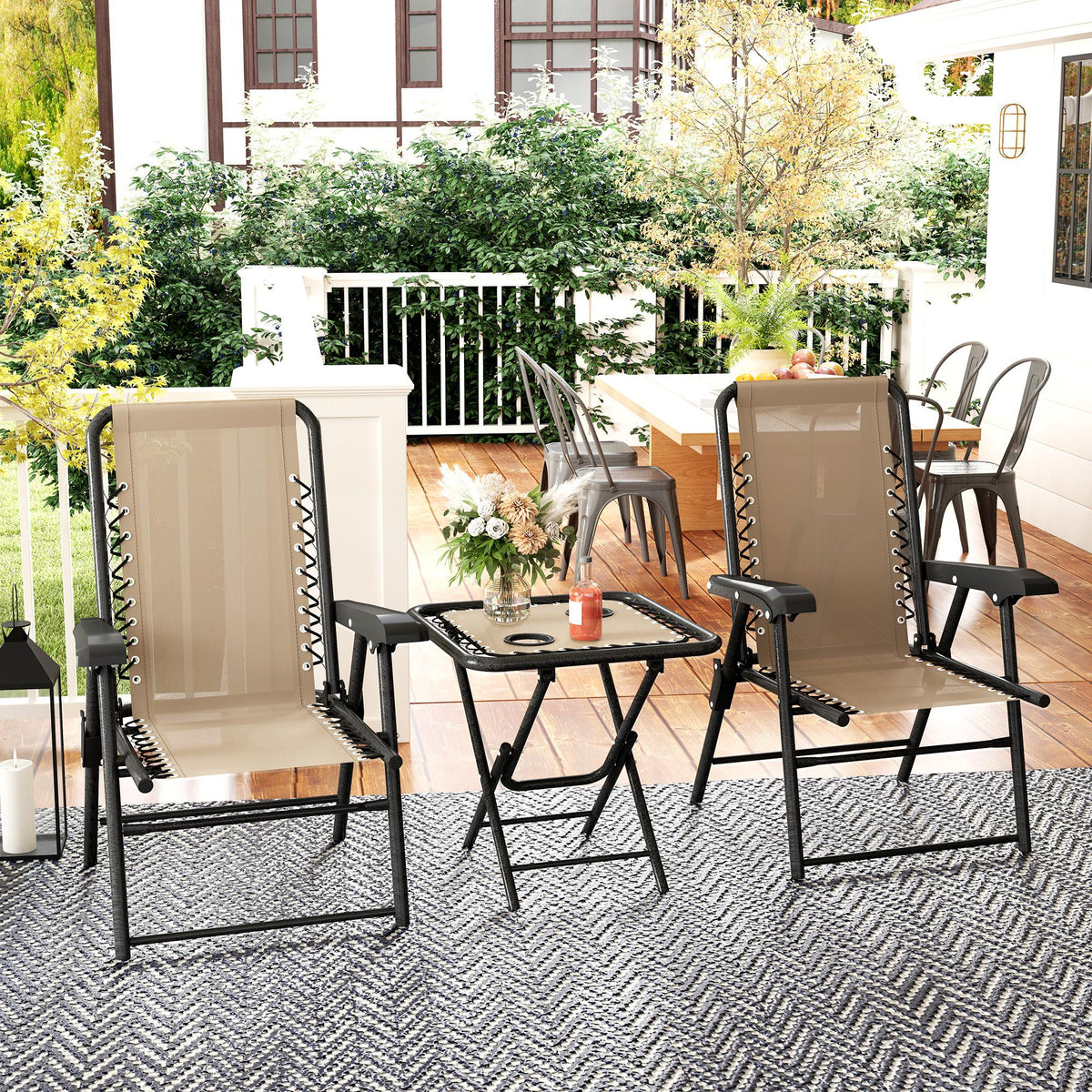 3 Pieces Patio Bistro Set, Outdoor Folding Table and Chairs Set, Metal Patio Furniture Set with Cup Holders - Khaki