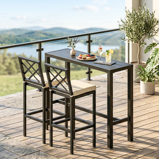 3 Piece Patio Bar Set, Outdoor Bar Table and Stools, Electrophoresis Steel Tabletop, X Back, Footrest, Cushions, Khaki