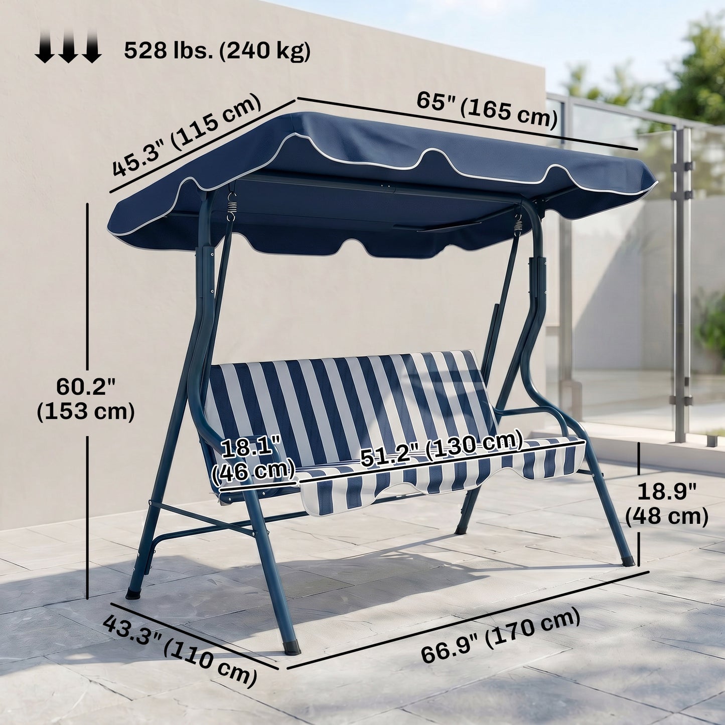 Outdoor Porch Swing with Adjustable Canopy, 3-Seater Patio Swing Chair with Cushion, Black
